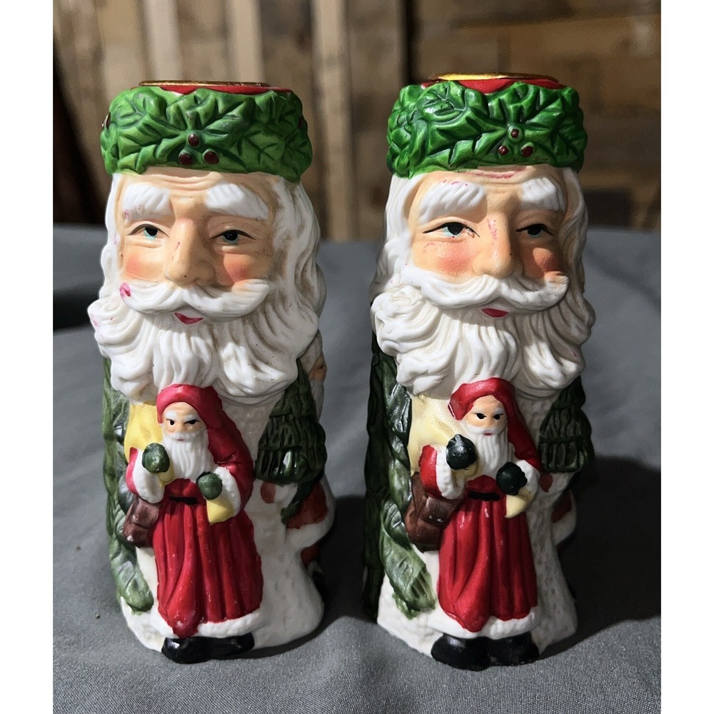 Vintage - Set of 2 - Santa Claus Ceramic - Taper Candle Holders 5" Tall. Xmas 95
